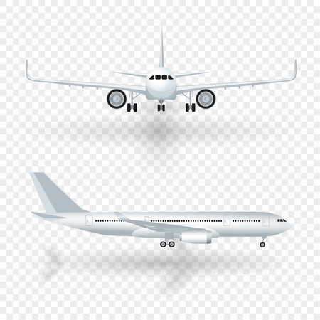 White airplane with shadow icon set on checkered background in profile and from the front isolated vector illustration.のイラスト素材