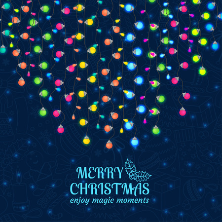 Christmas background with light lamps garlands. Stock vector illustration.のイラスト素材