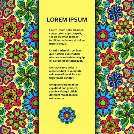 Flat poster or banner template with beautiful ornamental flowers. Vector illustration.のイラスト素材