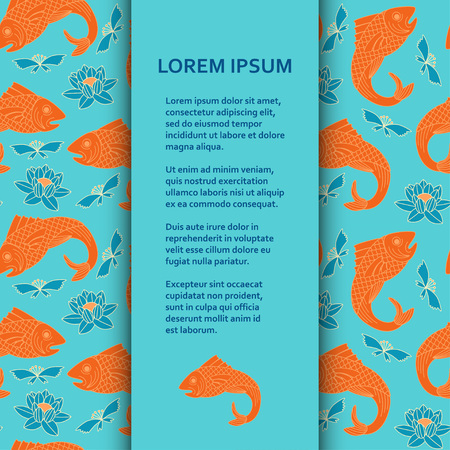 Flat poster or banner template with fishes and lotus Vector illustration.のイラスト素材