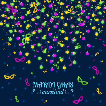 Mardi Gras carnival background with light lamps garlands. Stock vector illustration.のイラスト素材