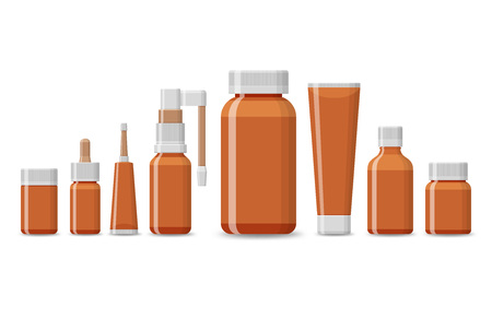 Set of blank package for medical product isolated on a white background. Vector mockup. Glass brown tubes for pharmacy drugs isolated on white background.のイラスト素材