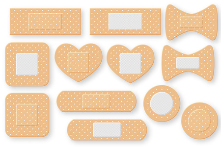 Set of realistic first aid band plaster strip. Elastic bandage patch. Vector illustration isolated on white background.のイラスト素材