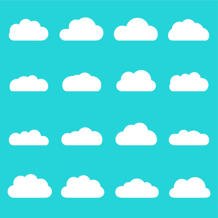 Clouds icon set. Different cloud shapes isolated on the blue sky background. Vector flat style cartoon cloud illustration.のイラスト素材