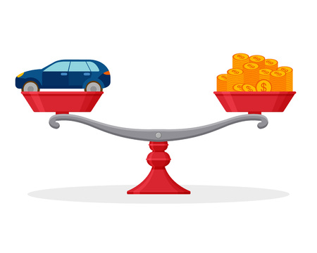 Car and money on balanced scale. Rental or sale concept. Vector illustration.のイラスト素材