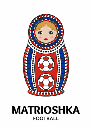 Matrioshka or nesting doll isolated on white background. Matroska is painted in national colors of Russia and has an ornament with football pattern. Vector illustration.のイラスト素材