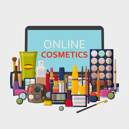 Decorative cosmetics for face, lips, skin, eyes, nails, eyebrows and beautycase. Make up background. Flat icons collection. Vector illustrationのイラスト素材