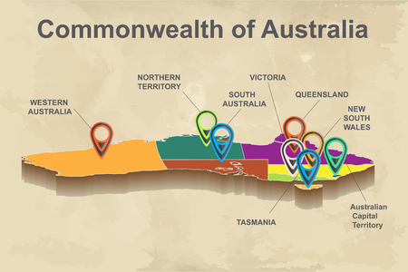 Vector abstract 3d Australia map with internal regional boundaries, pins on vintage background.のイラスト素材
