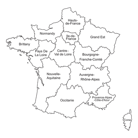 Black outlines map of France with names on white background.のイラスト素材