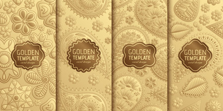 Set of golden luxury templates. Abstract geometric background with paisley and flowers. Vector illustration.のイラスト素材