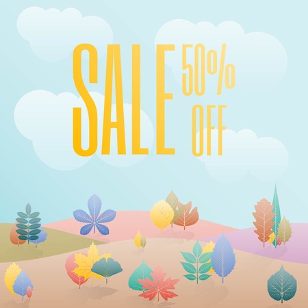 Gradation landscape fantasy background. Fall trees and leaves. Autumn forest template. Vector illustration.の写真素材