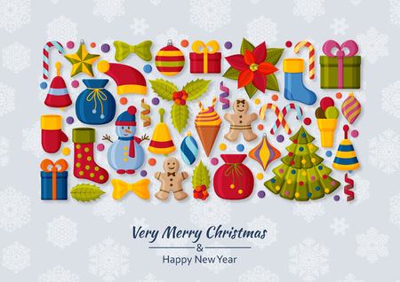 Christmas background with 3d paper cut signs. Cute kids toys and accessories. Snowfall at the back. New Year greeting card or banner concept. Vector illustration.のイラスト素材