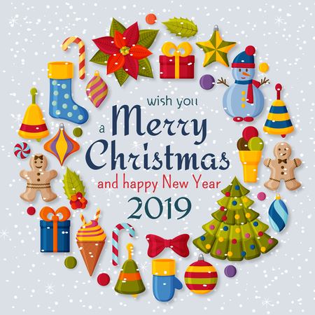 Christmas background with 3d paper cut signs. Cute kids toys and accessories. Snowfall at the back. New Year greeting card or banner concept. Vector illustration.のイラスト素材