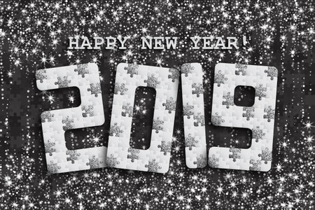 2019 jigsaw puzzle background with many silver glitter and white pieces. Happy New Year card design....