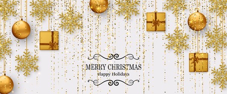 Merry Christmas background with shiny snowflakes, golden balls, gift boxes and gold colored tinsel and streamer. Greeting card and Xmas template. Vector illustration.のイラスト素材