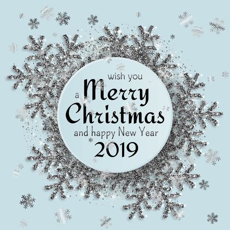 Merry Christmas background with shiny snowflakes, silver tinsel and streamer. Greeting card and Xmas template. Vector illustration.のイラスト素材