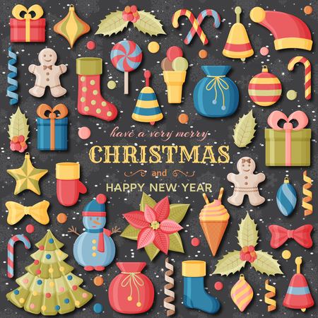 Christmas background with 3d paper cut signs. Cute kids toys and accessories. Snowfall at the back. New Year greeting card or banner concept. Vector illustration.のイラスト素材