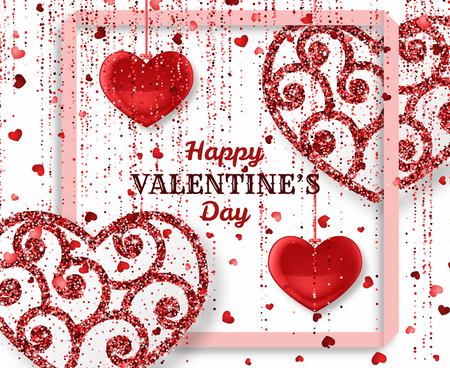 Happy Valentine Day background with shiny and glossy hearts. Red pink glitter and confetti. Greeting card and Love template. Vector illustration.のイラスト素材