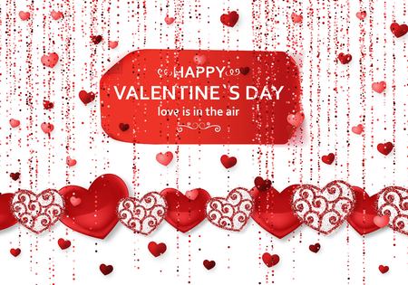 Happy Valentine Day background with shiny and glossy hearts. Red pink glitter and confetti. Greeting card and Love template. Vector illustration.のイラスト素材