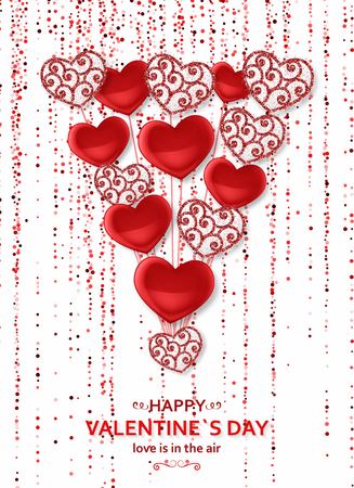 Happy Valentine Day background with shiny and glossy hearts. Red pink glitter and confetti. Greeting card and Love template. Vector illustration.のイラスト素材