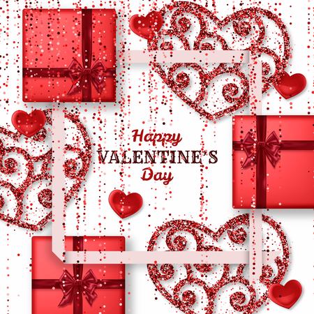 Happy Valentine Day background with shiny and glossy hearts. Red pink glitter and confetti. Greeting card and Love template. Vector illustration.のイラスト素材