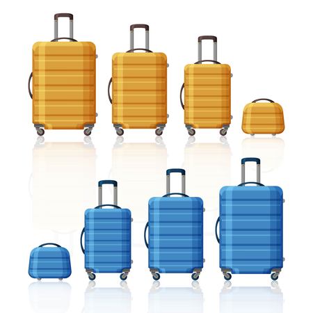Luggage collection. Three sizes of suitcases and beauty case. Yellow and blue striped plastic baggage. Vector illusrationのイラスト素材