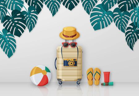 Summer travel concept with suitcase, sunglasses, hat, camera and beach ball on background with monstera leaves. Vector illustrationのイラスト素材