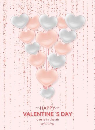 Happy Valentine Day background with shiny and glossy hearts. Pastel pink glitter and confetti. Greeting card and Love template. Vector illustration.のイラスト素材