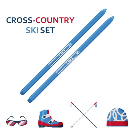 Cross country skies icon collection. Set with equipment, wear and shoes. Vector illustration.のイラスト素材