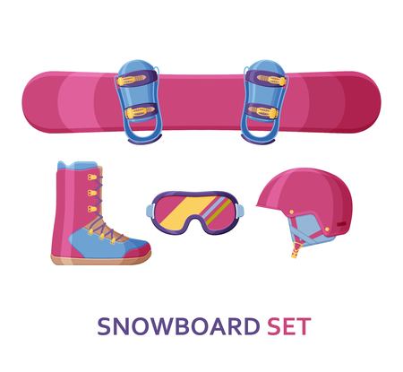 Snowboard icon collection. Set with equipment, wear and shoes. Vector illustration.のイラスト素材