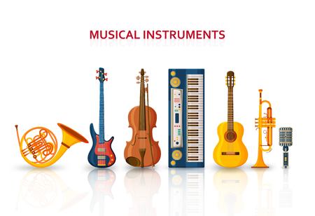 Musical background made of different musical instruments, treble clef and notes. Text place. Colorful vector illustration.のイラスト素材