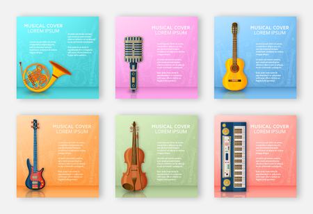 Musical background made of different musical instruments, treble clef and notes. Text place. Colorful vector illustration.のイラスト素材
