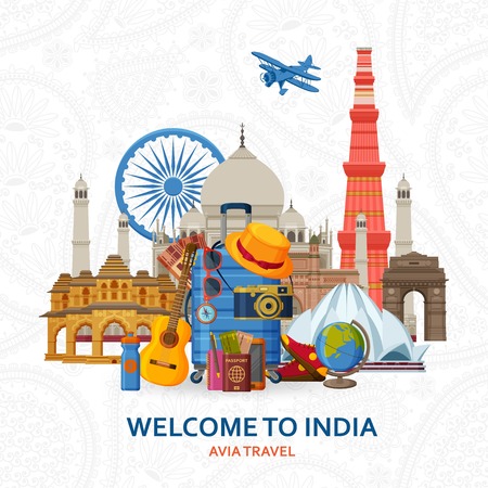 Travel in India concept. Indian most famous sights set. Architectural buildings. Tourist background with suitcases, sunglasses, hat, camera and flip. Flying paper planes at the back Vector illustration.のイラスト素材