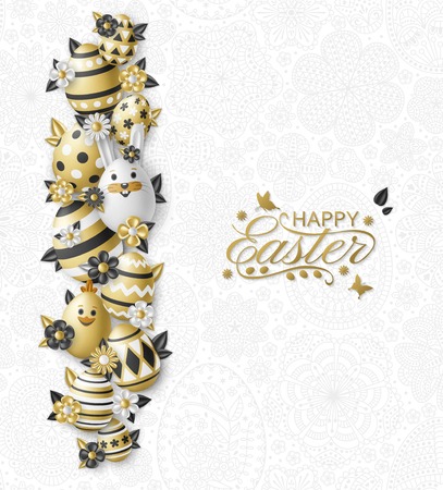 Cute Easter background with white bunny, chicken, eggs and flowers. Golden vector illustration.のイラスト素材