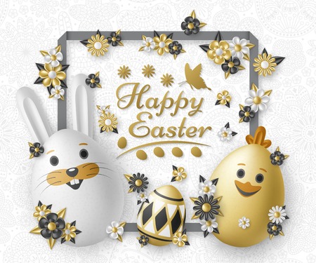 Cute Easter background with white bunny, chicken, eggs and flowers. Golden vector illustration.のイラスト素材
