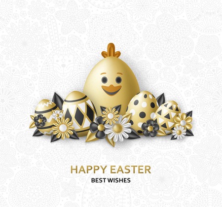 Easter cute eggs set with white bunny and chicken. Vector illustrationのイラスト素材