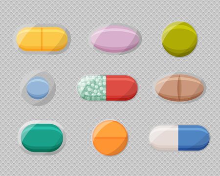 Set of realistic pills blisters with tablets and capsules. Plastic package with medical drugs. Vector mockups isolated on white background.のイラスト素材