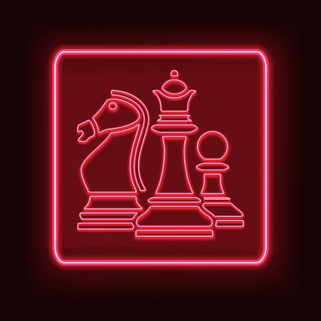 Neon rectangle frame with chess. Glowing signboard design. Vector illustrationのイラスト素材