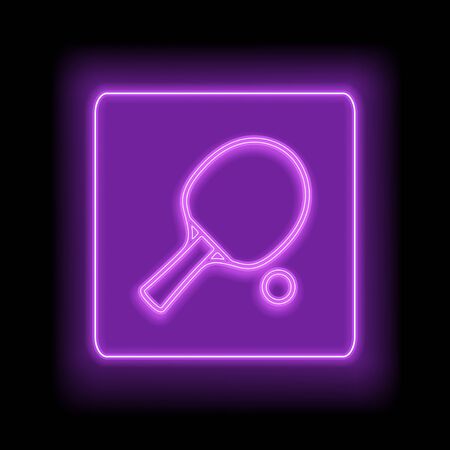 Neon rectangle frame with tennis racket and ball. Glowing signboard design. Vector illustrationのイラスト素材