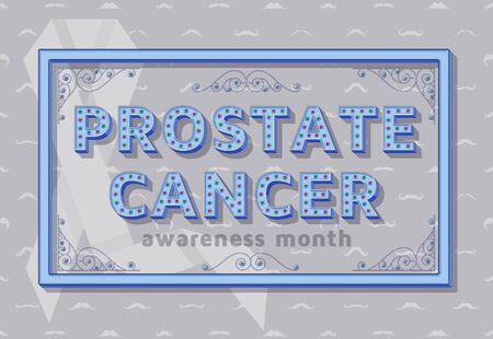 Prostate cancer awareness month background template with retro stylized typography. 3d font with colored buttons, ornate swirls frames and bordersのイラスト素材