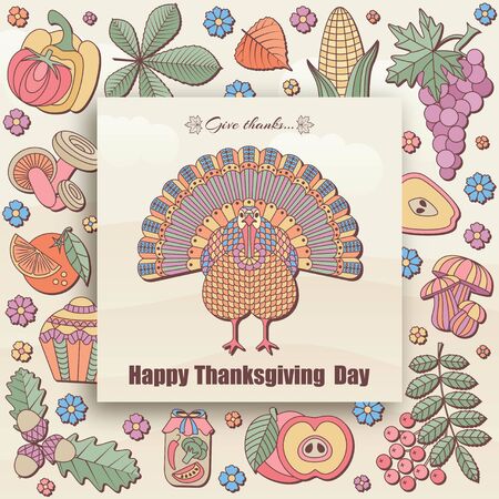 Thanksgiving day greeting card in pastel color. Various elements for design. Cartoon illustration.のイラスト素材