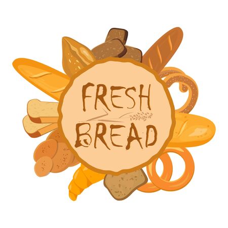 Banner with bakery products. Wheat, rye and whole grain bread. Pretzel and bagel, ciabatta and muffin, croissant and French baguette, long loaf and toasts. Vector illustration.のイラスト素材