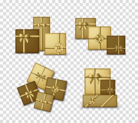 Gold colored gift boxes with golden ribbons and bows. Realistic presents isolated on transparent background. Vector illustrationのイラスト素材