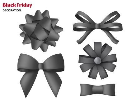 Collection of decorative black bows. Gift box wrapping and Black Friday decoration. Vector illustrationのイラスト素材