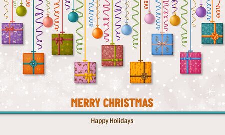 Merry Christmas background with gift boxes, ribbon, bows and Christmas balls. Vector illustrationのイラスト素材