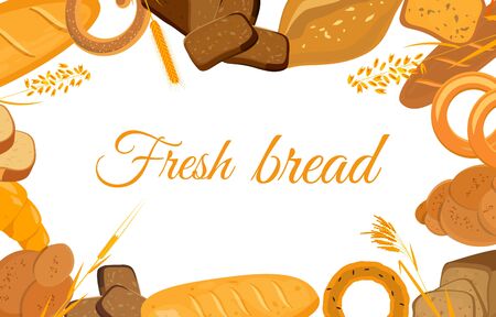 Banner with bakery products. Wheat, rye and whole grain bread. Pretzel and bagel, ciabatta and muffin, croissant and French baguette, long loaf and toasts. Vector illustration.のイラスト素材