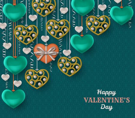 Happy Valentine Day background with glossy hearts. Greeting card and Love template. Vector illustration.のイラスト素材