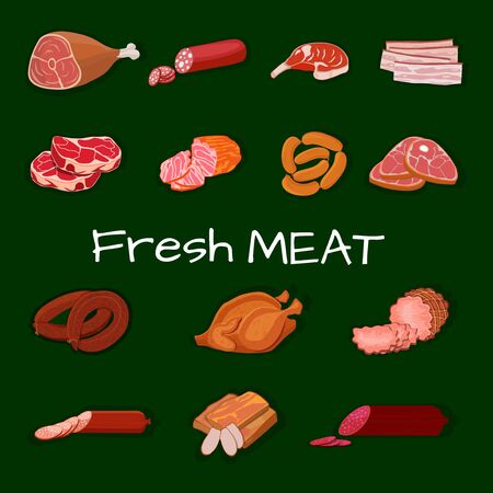 Set of meat products. Roast chicken and prime rib, sausage, salami and ham, sirlon, bacon, sucuk and smoked meat, turkey and t-bone steak. Vector illustration.のイラスト素材