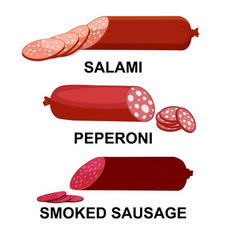 Salami, peperoni and smoked sausage. Collection of meat productsのイラスト素材
