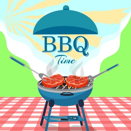 BBQ background with barbecue and grilled steaks. Picnic concept. Vector illustration.のイラスト素材